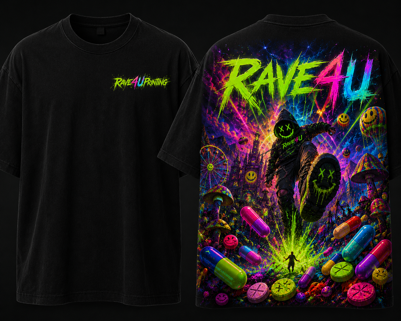 Black custom printed t-shirt — RAVE4U front + back