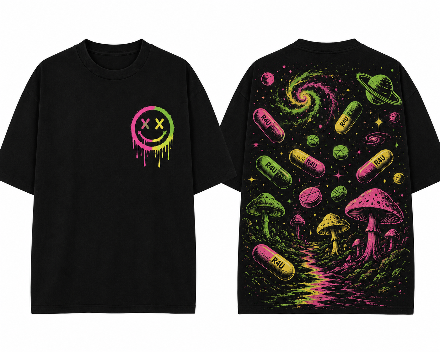 RAVE4U OVERDOZER tee — front and back print